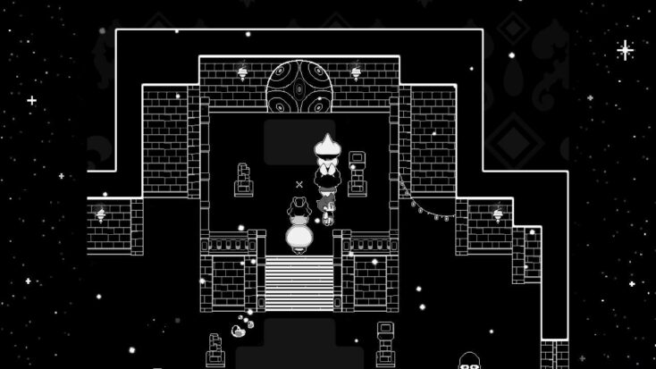 A screenshot from In Stars and Time shows an adventurer exploring a ruined room within a large brick castle.