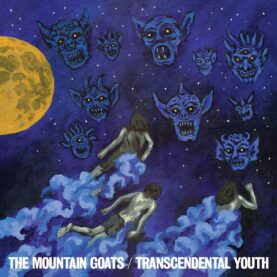 The cover of the Mountain Goats' "Transcendental Youth" features three figures astrally projecting through a starry sky peppered with demon faces.