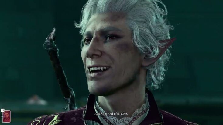 Astarion grinning and showing his fangs. A subtitle reveals he's saying, "and I feel alive!"