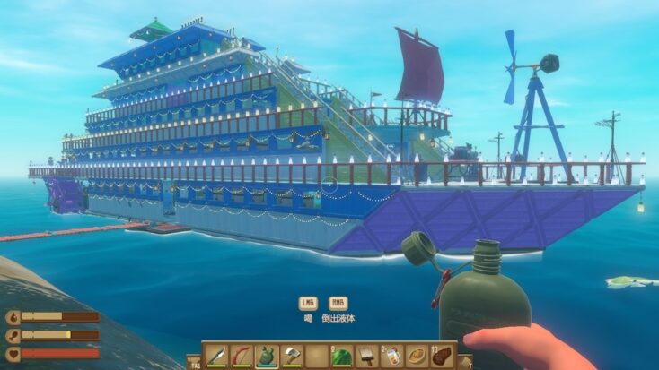 Another screenshot from Raft shows a large raft that looks more like an ocean liner docked near a green shore.