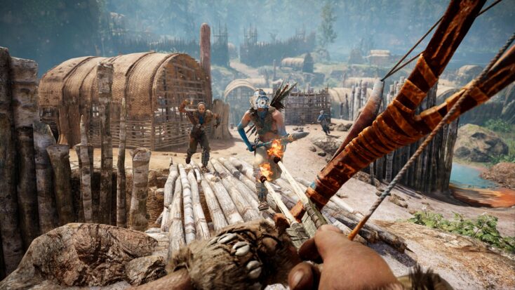 A screenshot from Far Cry Primal shows a bow and arrow aimed at two rival villagers, as seen from the player perspective.
