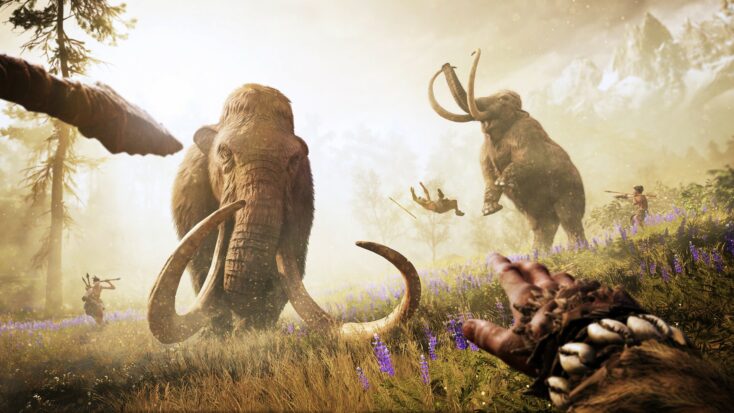 The player perspective view of two massive wooly mammoths with long, curved tusks.