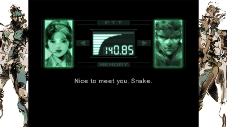 Pixellated portraits of Mei Ling and Snake appear on an in-game mini screen with the caption "Nice to meet you, Snake."