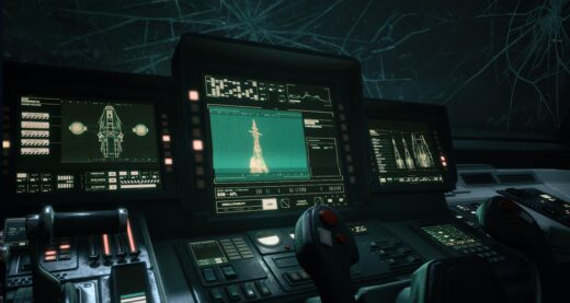 A screenshot from the crashed cockpit in Returnal, featuring an array of screens, buttons, and controllers indicating the poor status of the ship