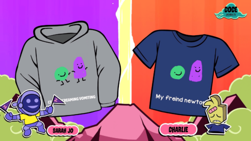 A screenshot from Tee K O 2 with two shirt designs side by side for everyone to choose. Both feature a hastily drawn tall guy and a round little guy on the left and two chaotic phrases underneath