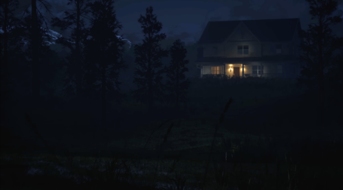 a screenshot from the trailer for Returnal featuring a long two story house at night in the woods with the porch lights on and a sense of tension hanging in the air