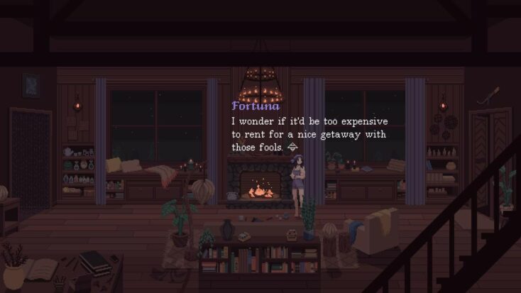 In a screenshot from The Cosmic Wheel Sisterhood, main character Fortuna stands in a large, well-appointed living room at night, musing, "I wonder if it'd be expensive to rent for a nice getaway with those fools."