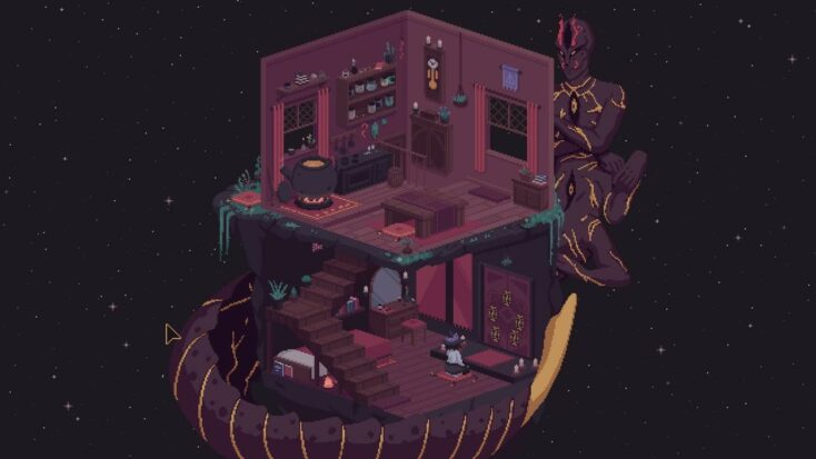 A screenshot from The Cosmic Wheel Sisterhood shows the cross-section of a story house floating in starry space, cradled by a several-limbed god with electric lightning-like markings on their skin.
