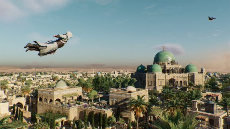 Basim takes a flying leap of faith into Baghdad in a screenshot from Assassin's Creed Mirage.