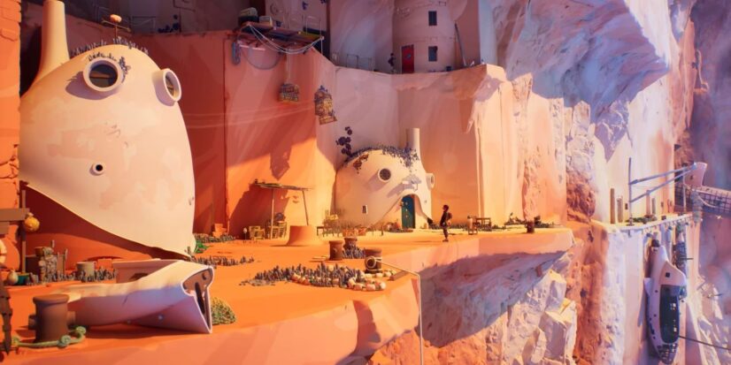 A screenshot from Jusant shows a few rounded clay dwellings built into the side of a large stone tower.