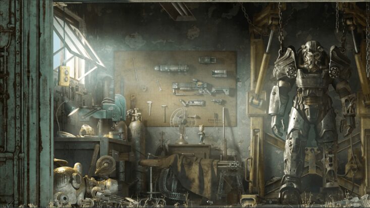 A suit of power armor is displayed in a post-apocalyptic toolshed illuminated by a hazy shaft of late-afternoon light.