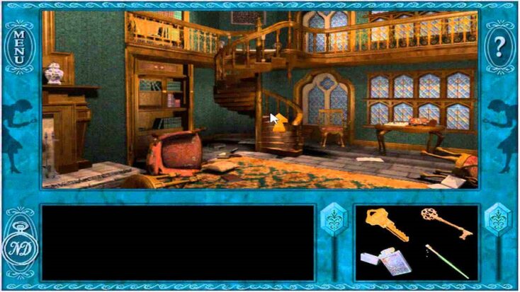 A screenshot from Nancy Drew showing the interior of a library with a cool spiral staircase.