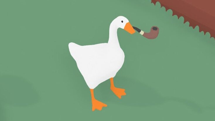 The horrible goose stands on a green lawn, a tobacco pipe clenched in his beak.