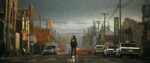 A screenshot from Alan Wake 2 shows the titular character standing in the middle of a rainy downtown main street wearing a blue and yellow FBI jacket.