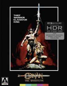 Blue Ray cover for the 4K release of Conan the Barbarian with the classic painting of the warrior in a spiked helmet holding his sword up high as his companion kneels with her own sword and racy armor