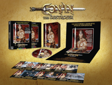 everything included in the deluxe version of Conan the Destroy in 4K, including a slipcase with the cover of Arnold with his sword, postcards with stills from the movie, and a poster