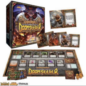 The box for Doomseeker, with a menacing dwarf in a red mohawk gripping an ornate double-bladed ax, along with some cards showing similar dwarves in various poses with other axes, and the board for the game with two rows for cards as well as a few different stacks for others.