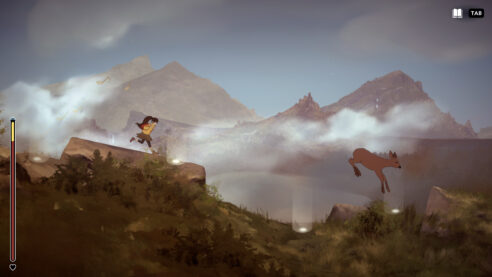 A screenshot from A Highland Song, where a young woman is running across a placid mountain landscape with cloudy wisps, musical notes, and a young doe keeping her company