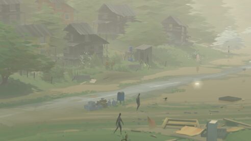 A screenshot from Act Five of Kentucky Route Zero, featuring the aftermath of the storm, a sunny day but the town is devastated and shadowy figures wander around the wreckage along with the living and a cat