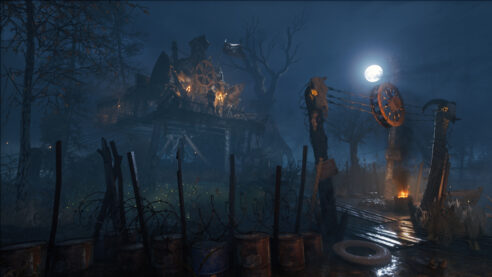 a screenshot from Metro Exodus with a ramshackle building at night and in the center surrounded by barbed wire fencing and animal skulls and withered trees