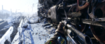 A screenshot from Metro Exodus looking down the barrel of an assault rifle while walking along side a train in the snowy surface of the outskirts of Moscow