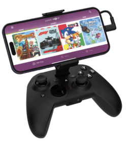 one of Riot Power's mobile friendly controllers, with a clip on top holding a phone that's ready to play Oceanhorn 2, F1 mobile racing, Sonic 2, or Human Fall Flat