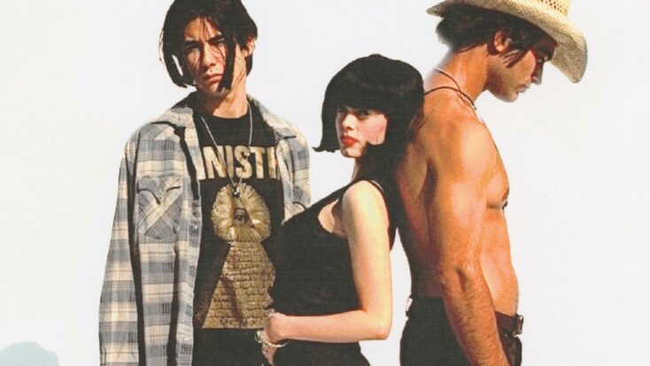 The main trio from The Doom Generation pose together, one man in mid-90s uniform of flannel and t-shirt, a woman with a black bob and bright red lipstick, and another man shirtless with a cowboy hat.