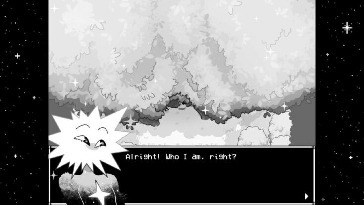 A character with a star-shaped head wonders, "Alright! Who I am, right?" in a screenshot from In Stars and Time.