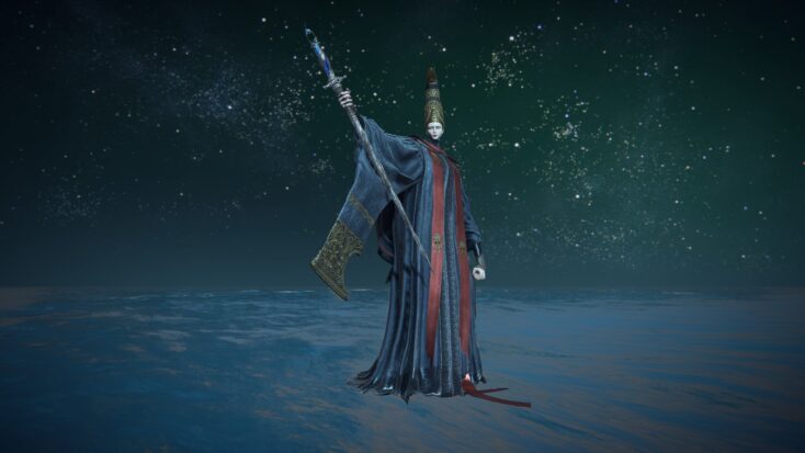 Rennala, Queen of the Full Moon, raises her staff high into a starry sky.