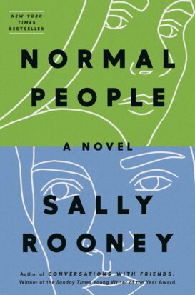 The cover of Sally Rooney's Normal People, featuring two line drawings of a woman and man on a blue-green background.