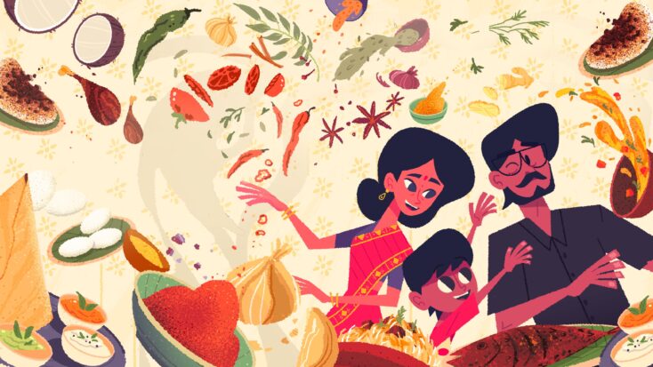 Artwork from Venba showing a South-Indian family joyfully preparing food together in their kitchen.