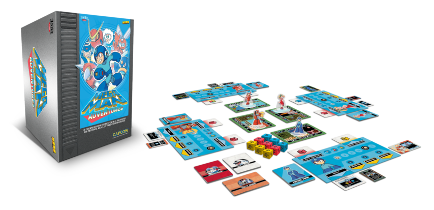 The box and game spread for Mega Man Adventures. The game box looks like a cubed version of the original Nintendo cartridge!