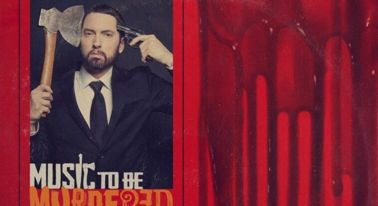 Detail of Eminem's album Music to be Murdered By, showing the performer dressed in a suit and tie while holding a gun to his head with one hand and the sharp edge of an axe to the other side of his head with the other.