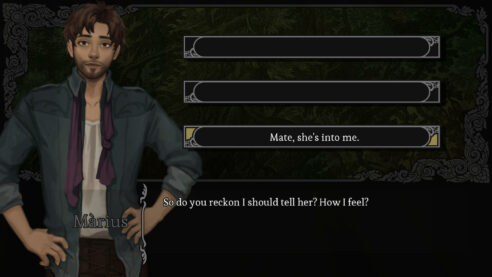 A screenshot from Amarantus featuring Marius speaking to the player. He has a five o'clock shadow and fashionably casual clothes, and the player has chosen to say "Mate, she's into me"