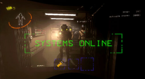 A screenshot from Lethal Company where the player is looking at two of their teammates while holding a flashlight in an area with a lot of meters and dials while the words SYSTEM ONLINE flash in the center view