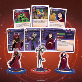 A few pieces from one of a Sorcerer's Arena expansion, featuring cards for Jack Skellington and Mother Gothel and The Horned King with mockups of their standees looking sassy and forceful