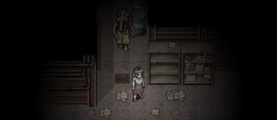 A screenshot from Fear and Hunger 2: Termina with a young student in a dark basement looking one way while a hideous creature emerges towards her from behind