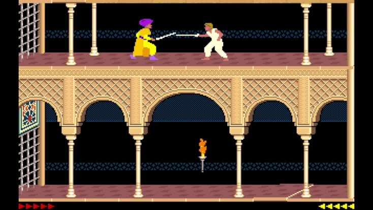 The titular prince from Prince of Persia swordfights an enemy on the second floor of a palace.