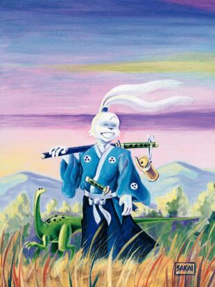 Art from Usagi Yojimbo, showing Miyamoto Usagi standing with his sword in a wind-swept field, smiling.