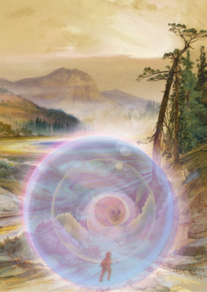 A lone figure walks a sunlit path towards a deep valley while an iridescent bubble or portal shimmers around them.