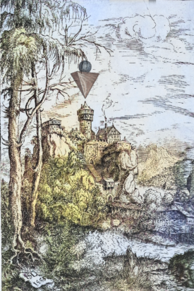 A charming line drawing of an abstract cone and sphere structure floating above a medieval castle in the woods.