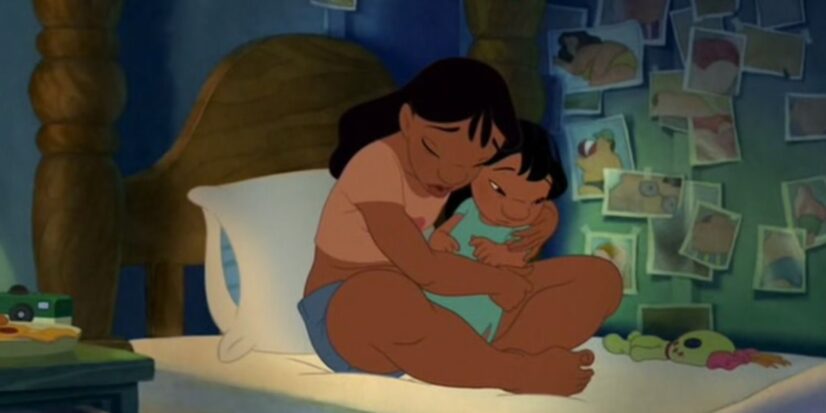 A scene from Lilo & Stitch shows Nani hugging her little sister Lilo as they both sit on Lilo's twin bed.