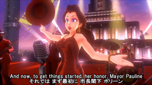 A screenshot from Mario Odyssey with Pauline having gathered the entire band together to sing on a rooftop for New Donk City