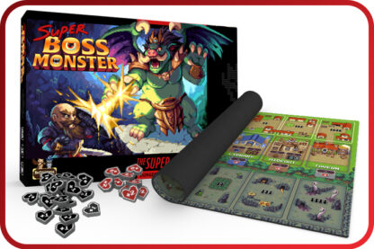 One of the reward shots for Super Boss Monster, featuring the box for the game, a playmat with the various areas for cards, and a number of tokens for plus 1 or plus 2 hearts to put on cards
