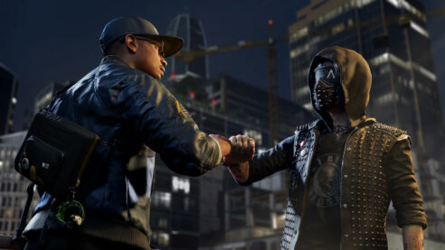 A screenshot from Watch Dogs 2 where the player character in a rad bomber jacket with pins all over their laptop bag is giving a forearm bump to a punk hacker with a battle vest covered in metal spikes and a mask and glasses with a flickering display but also a big anarchy tattoo on the front of their next which seems to defeat the purpose of hiding one's identity