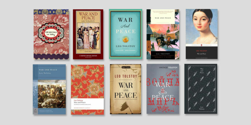 The covers of ten high-end editions of War and Peace, some of them clothbound, all of them fancy.