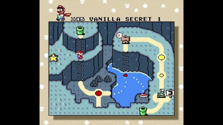 Another overworld map from Super Mario World, this time for Vanilla Secret 1, which appears to be a subterranean cavern with a deep lake.
