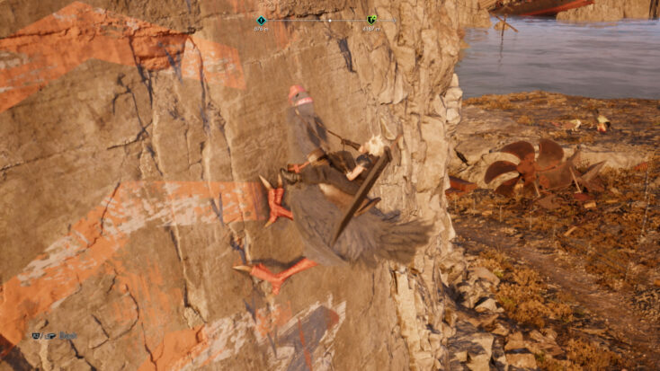 Cloud Strife climbs up a sheer cliff face painted with giant orange arrows pointing the way.