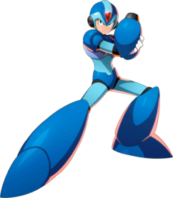 Blue-suited Mega Man, right foot forward and ready to fight.