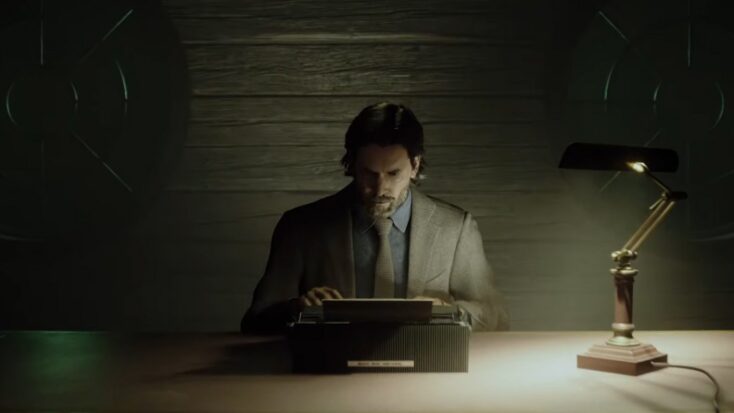 Alan Wake sits at his typewriter placed on a spare, almost barren desk. An old banker's lamp dimly lights the proceedings.